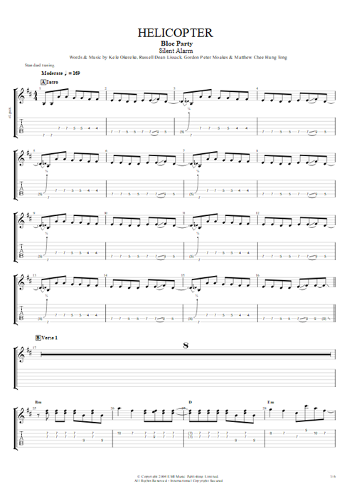 Helicopter Bloc Party guitar pro tab EGuitarII Guitarras y pista de acompañamiento mysongbook